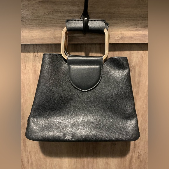 Modern Black Pebbled Leather Handbag - Gold Square Top Handle Satchel Purse - Picture 4 of 8